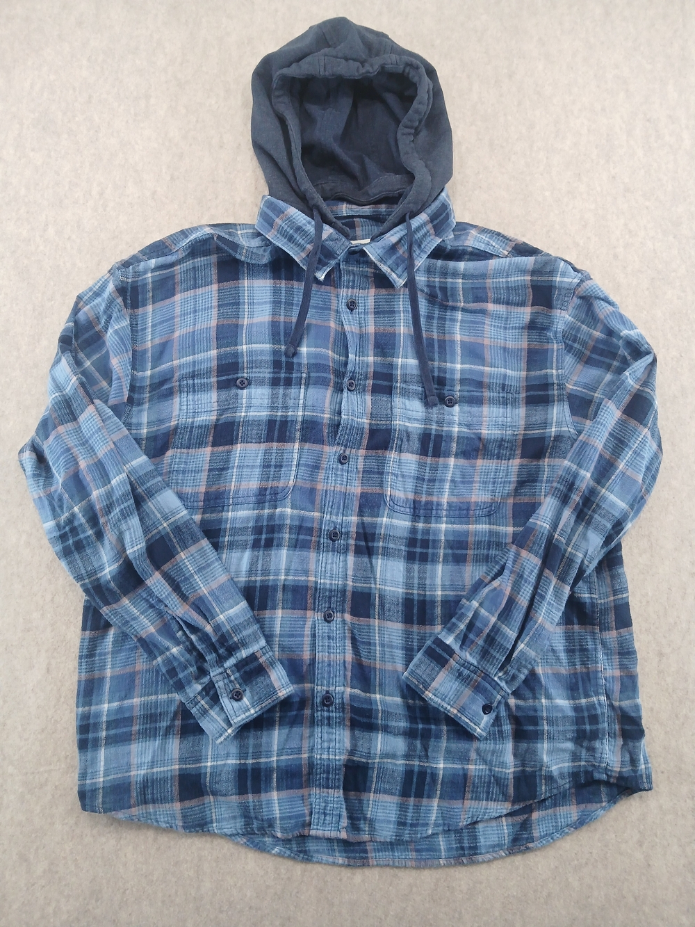 American Eagle Men's XL Blue Gray Plaid Flannel Hooded Long Sleeve Button-Up